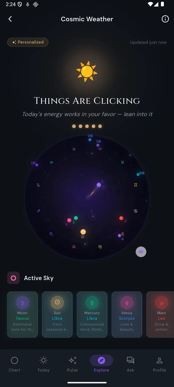 Cosmic Weather screen showing real-time planetary transits and active aspects