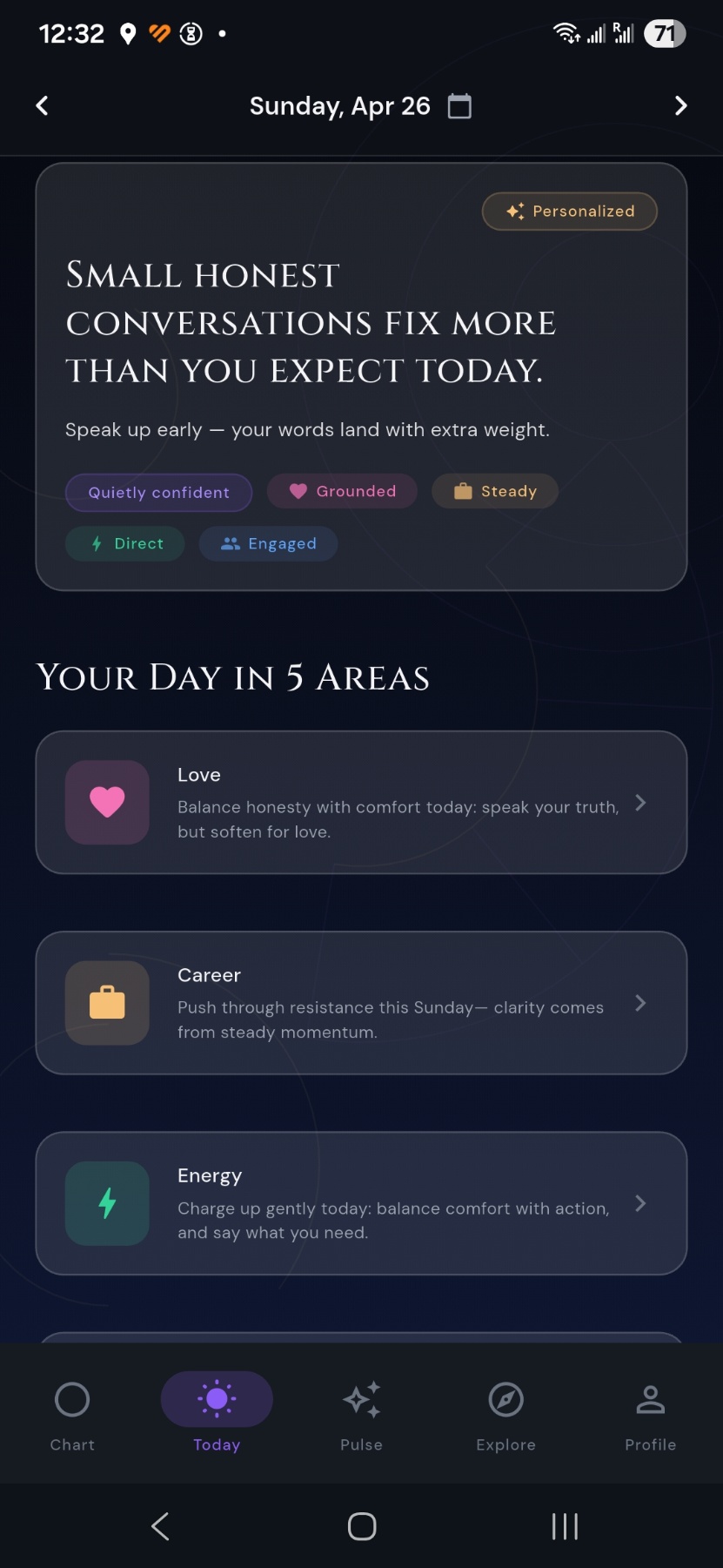 Personalized daily horoscope headline with mood descriptors and per-area guidance for love, career and energy