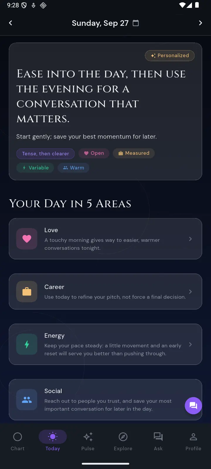Personalized daily horoscope headline with mood descriptors and per-area guidance for love, career and energy